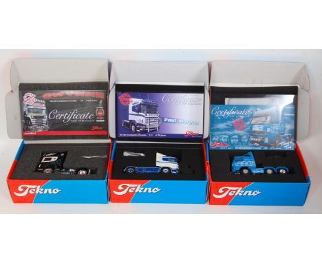 A Tekno 1/50 scale boxed tractor unit road transport diecast group, three examples to include a Paul Morgan Scania Super 530 