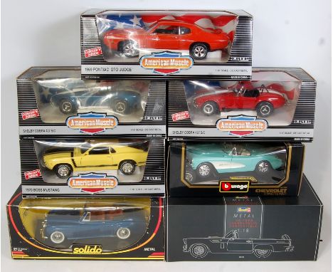 Seven boxed ERTL, Revell, Solido, and Bburago 1/18 scale American Muscle and Classic Car diecast group to include a Revell 19