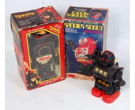 Three various boxed and loose plastic battery operated robots to include an SH of Japan battery operated Ranger Robot, togeth