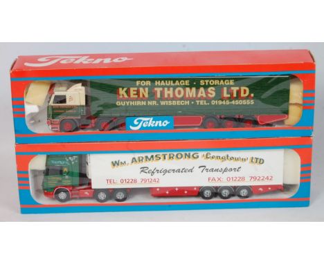 A Tekno 1/50 scale boxed road transport diecast group to include a Ken Thomas Ltd Scania 113M tractor unit with curtainside t