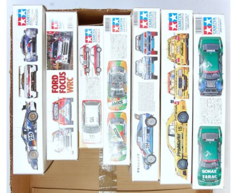 Seven various boxed as issued Tamiya 1/24 scale DTM, Le Mans, and WRC plastic car kit group, to include an AMG Mercedes C Cla