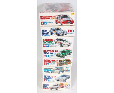 Eight various boxed Tamiya 1/24 scale High Speed Racing and WRC kit group to include a Nissan Skyline GTR Castrol RB, a Mitsu