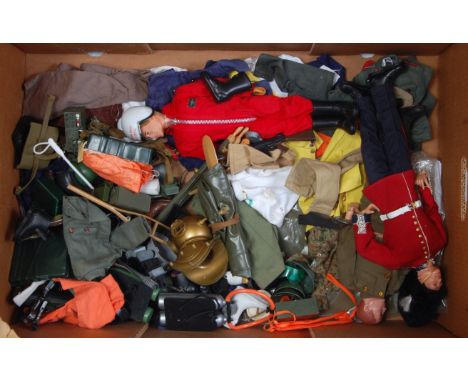 A collection of vintage Action Man dolls and accessories to include three various dolls, military equipment, a quantity of ou