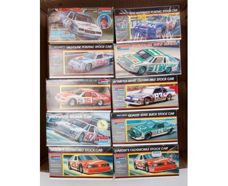 Ten various boxed as issued Monogram 1/24 scale Stock Car and Nascar plastic car kit to include a Ricky Rudds Motorcraft T-Bi