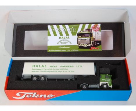 A Tekno 1/50 scale model of a Halal Meat Packers International model of a Scania 141 V8 tractor unit, together with a refrige