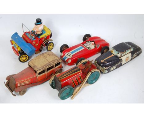 A collection of various playworn and a/f mixed tinplate saloons and race cars, to include a Marks No. 1334539 tinplate tracto