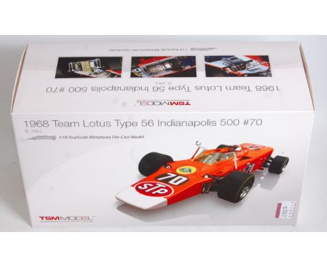 A TSM Model Scale Miniatures 1/18 scale diecast model of a 1968 Team Lotus type 56 Indie 500 race car, finished in orange wit