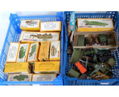 Two trays containing a quantity of various playworn and repainted diecasts together with various Airfix H0 scale plastic mili