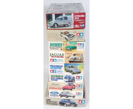 Nine various boxed Tamiya mixed scale classic car and commercial vehicle kits to include a Celica Super Long Beach GP Marshal