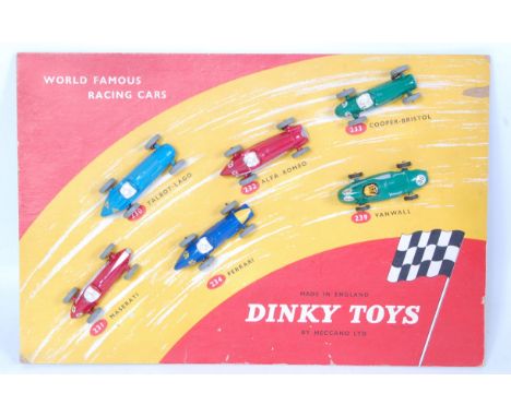 A Dinky Toys world famous racing cars carded counter shop display, complete with six various racing cars to include No. 230 T