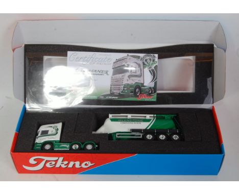 A Tekno 1/50 scale model of a Daire Maher model of a Scania 560 tractor unit and powder tanker trailer, model code No. 68852,