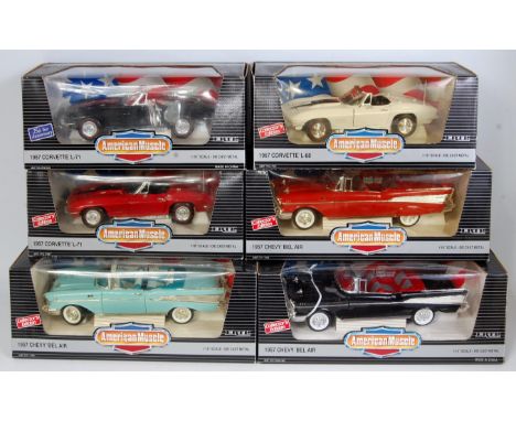 Six various boxed ERTL American Muscle 1/18 scale diecasts examples to include a 1957 Chevy Bel-Air, a 1967 Corvette L-71 and