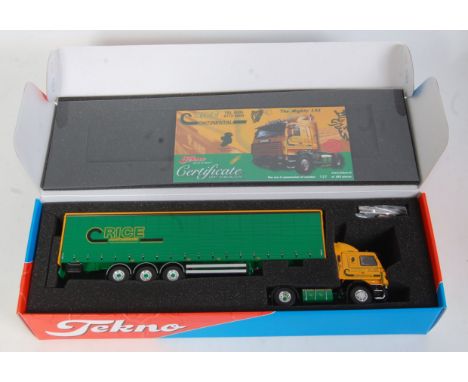 A Tekno 1/50 scale model of a Rice Continental Scania V8 420 tractor unit with curtainside trailer, appears as issued in the 