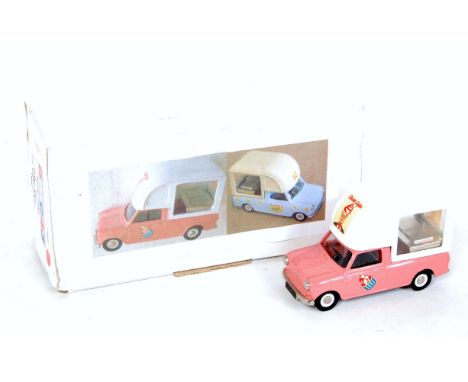 A BMC 43 1/43 scale white metal model of a BMC Mini Ice Cream van, comprising of pink and white body with Mr Softee livery, b