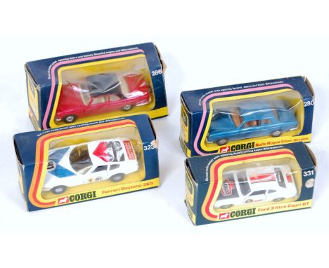 Four various window boxed Corgi Toys saloons and racing car diecast to include No. 323 Ferrari Daytona 365, No. 280 Rolls Roy