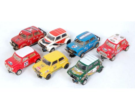 Seven various loose Mini Scalextric diecasts, to include Rally Monte Carlo No. 37 racing Mini, a No. 4 Mini Ha-ha stock car, 