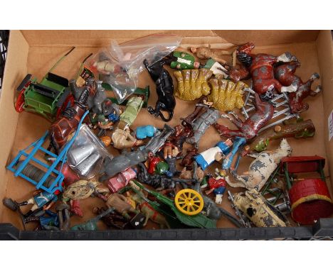 One tray containing a quantity of various lead and hollow cast Britains and similar farming and civilian figures to include a