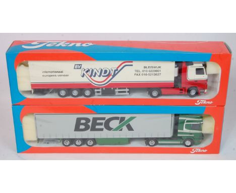 A Tekno 1/50 scale boxed road haulage diecast group to include a Beck Scania 164L tractor unit with curtainside trailer, toge