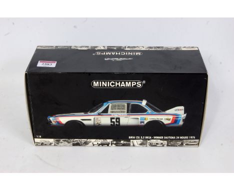 A Minichamps Model No. 762959 1/18 scale model of a BMW CS3 3.5L IMSA Race Car, winner of Daytona 24-hour 1976 appears as iss