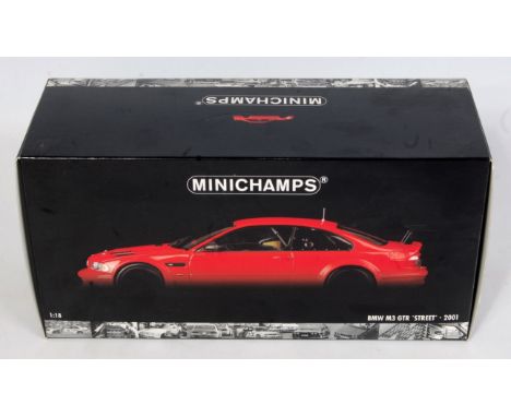 A Minichamps 1/18 scale of a BMW M3 GTR Street car (2001), appears as issued and finished in red, model No. 012101