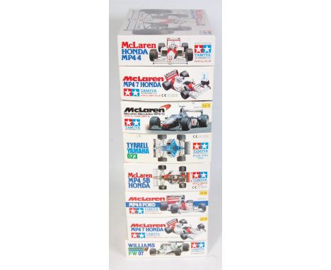 Eight various boxed as issued Tamiya 1/20 scale boxed F1 Classic Car kits, all appear as issued to include a Tyrrell Yamaha 0