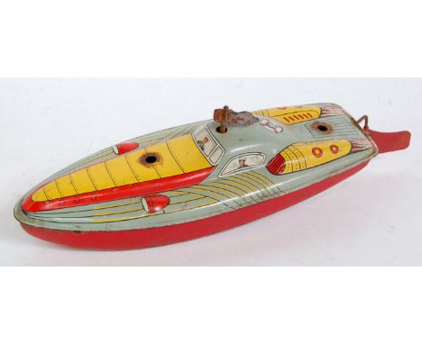 A 'Made in Great Britain' tinplate and clockwork model of a highspeed lifeboat comprising of grey, yellow and red tinprinted 