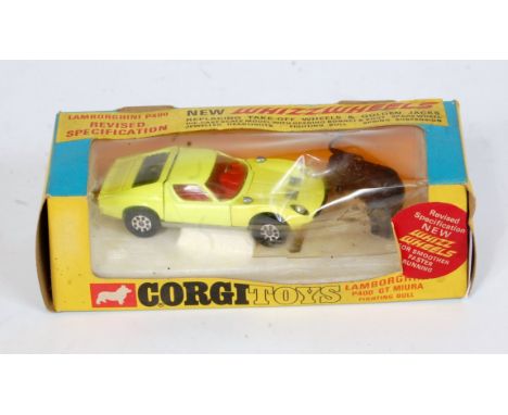 A Corgi Toys No. 342 Lamborghini P400 GT Maura comprising of bright yellow body with red interior, and Whizzwheels, together 