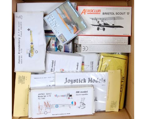 One box containing a large quantity of various plastic and resin mixed scale aircraft kits to include Avro Models, HR Models 