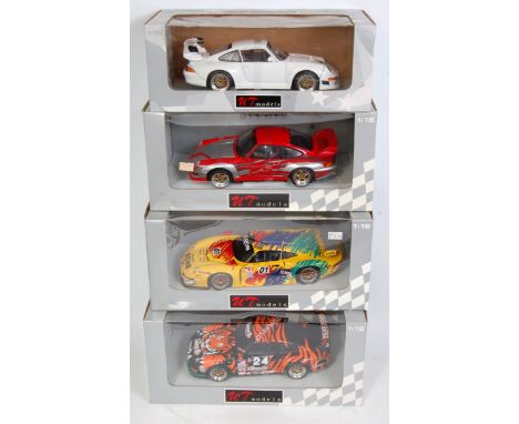 Four various boxed UT Models 1/18 scale Racing Collection diecasts to include a Superflo Porsche 911 GT, a Roh R Exion Porsch