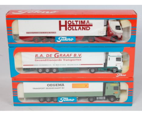 A Tekno 1/50 scale boxed road haulage diecast group to include a Holtima Volvo 520 tractor unit with refrigerated trailer, an
