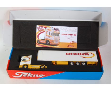 A Tekno 1/50 scale model of a Barna Transport Model of a Scania R580 Topline tractor unit and and refrigerator trailer, with 