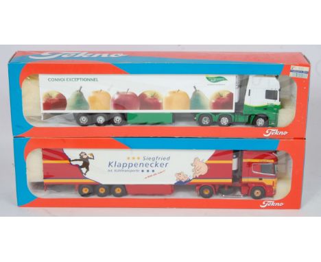 A Tekno 1.50 scale boxed road haulage diecast group to include a German collection No. 10/2001 Klappenecker Scania tractor un