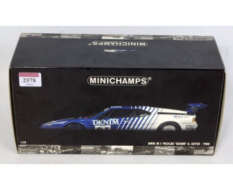 A Minichamps 1/18 scale model No. 802981 model of a BMW M1 Pro-car (Denim) as driven by H Aeyer, finished in blue and white w