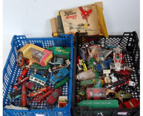 Two trays containing a quantity of various playworn Corgi Toy and Dinky Toys, to include a Dinky Toys Streamlined race car, a