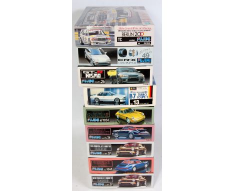 Nine various boxed as issued Fujimi 1/24 scale Classic Car kit group, mixed examples to include a CRX SI, a Nissan Skyline GT