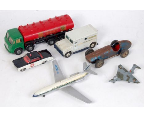 A collection of various loose diecast and tinplate vehicles to include a Spot-On AEC Major BP tanker, a Dinky Toys Air France