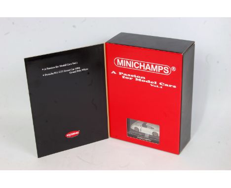 A Minichamps and Kyosho 1/43 scale gift set containing 'A Passion for Model Cars' Vol 1, a model of a Porsche 911 GT1 1996 St