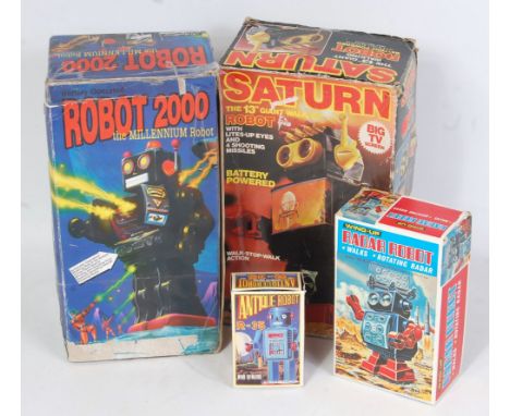 A tinplate and plastic robot action figure group to include a Satin Giant 13" Walking Robot, an SH of Japan wind-up radar rob