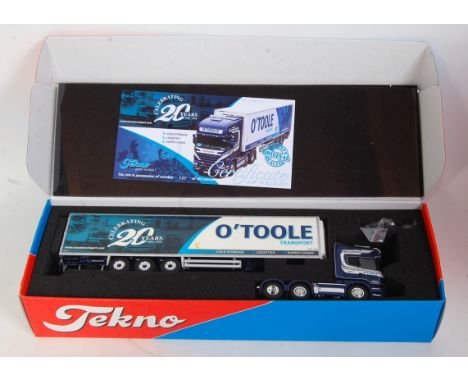 A Tekno 1/50 scale model of an O'Toole Transport Scania R730 Streamline tractor unit with refrigerated 20 Year Celebration tr