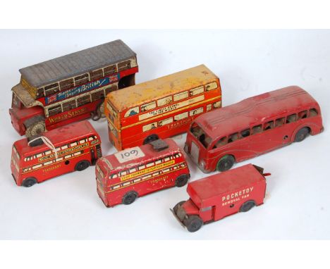 A collection of various tinplate and heavy diecast clockwork and friction drive public transport and commercial vehicles to i