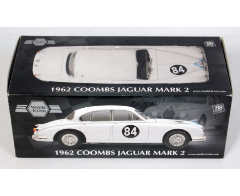 A model Icons 1/18 scale diecast model of a 1962 Coombs Jaguar Mk2 race car, limited edition example, finished in matt grey w