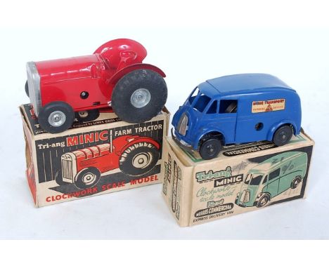 A Triang Minic tinplate plastic and clockwork commercial vehicle and farming vehicle group to include a Morris commercial veh