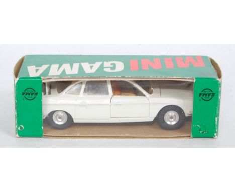 A Mini Gama boxed model of an NSU OR80 comprising of white body with yellow interior and spun hubs in the original window sty