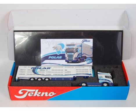 A Tekno 1/50 scale model of a Polar Scania R620 tractor unit and livestock trailer, model code No. 67963, limited edition exa