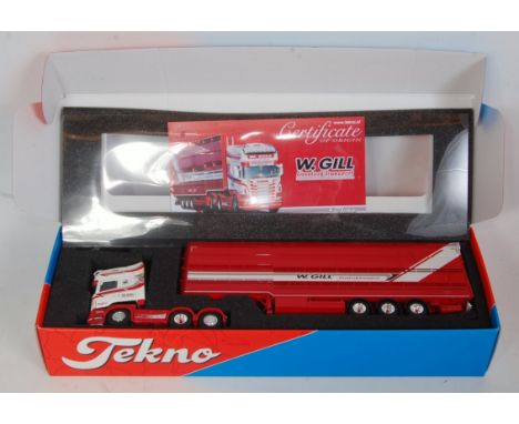 A Tekno 1/50 scale model of a W Gill Scania R560 livestock tractor unit and trailer, model code No. 68762 complete with certi