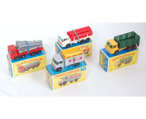 Four various boxed Matchbox 1/75 series commercial diecasts to include No. 10 pipe truck, No. 11 scaffolding truck, No. 58 DA