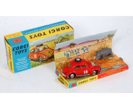 A Corgi Toys No. 256 Volkswagen 1200 Safari comprising red body with racing No. 18 and brown interior with working steering a