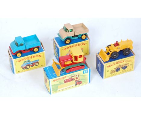 Four various boxed Matchbox commercial vehicle diecasts to include 2x No. 49 Unimog, No.16 Case tractor, No. 43 Aveling Barfo