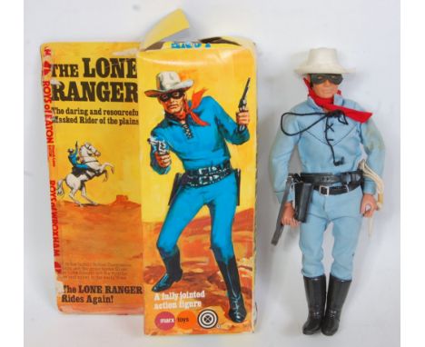 A Marx Toys The Lone Ranger action figure appears complete with tool belt, guns, and gun holsters with water bottle, black bo