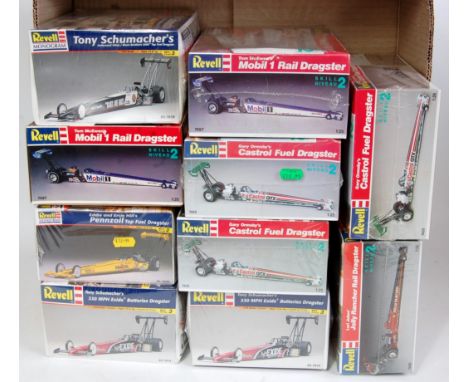 Ten various boxed as issued Revell and Revell Monogram 1/25 scale Dragster plastic car kits, examples to include a Gary Ormsb